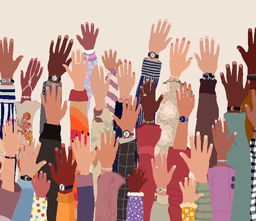diverse group of hands raised in interest