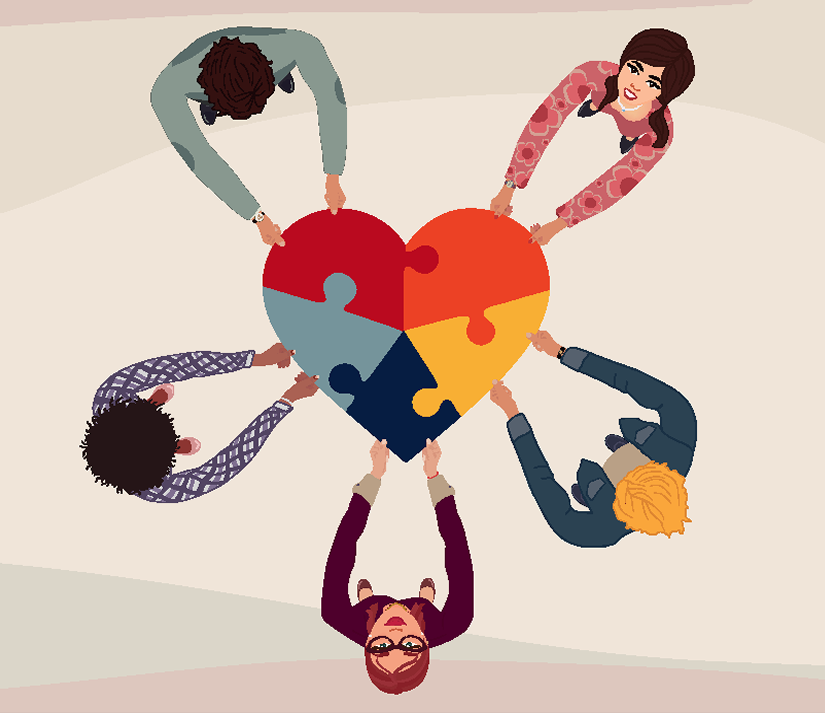 group of people holding pieces of a puzzle together to make a heart